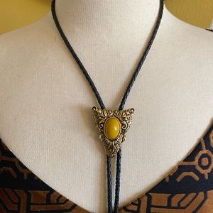 Bolo Tie, Gold with Yellow Jasper stone, braided leather, necktie, western.
